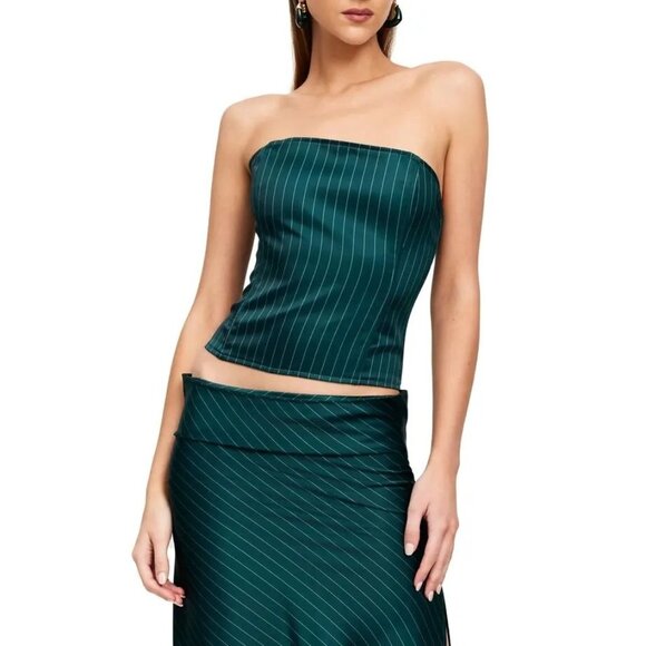 Lioness Aniston Strapless Pinstripe Satin Corset Top in Green Pinstripe - Picture 3 of 5